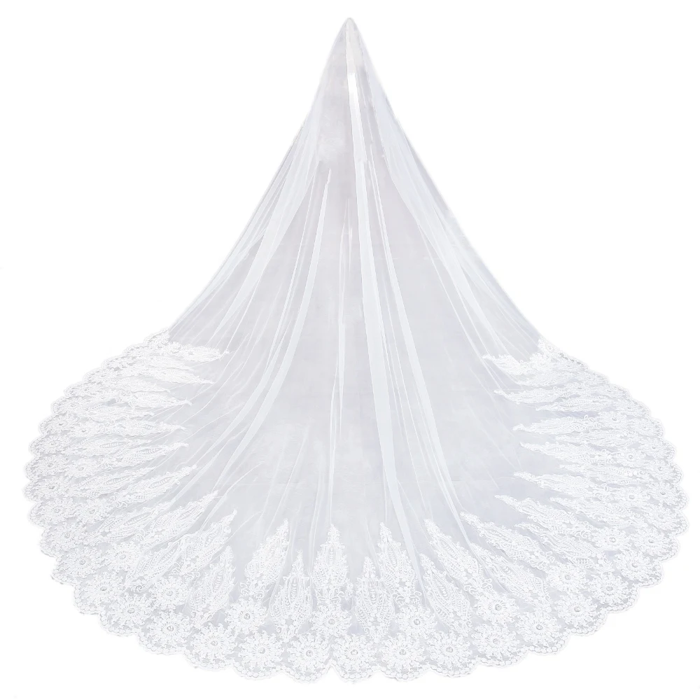 

3 Meter One Layer Long Bridal Veil with Comb Tulle Beaded Lace Edge Cathedral Wedding Veil with Wedding Accessories