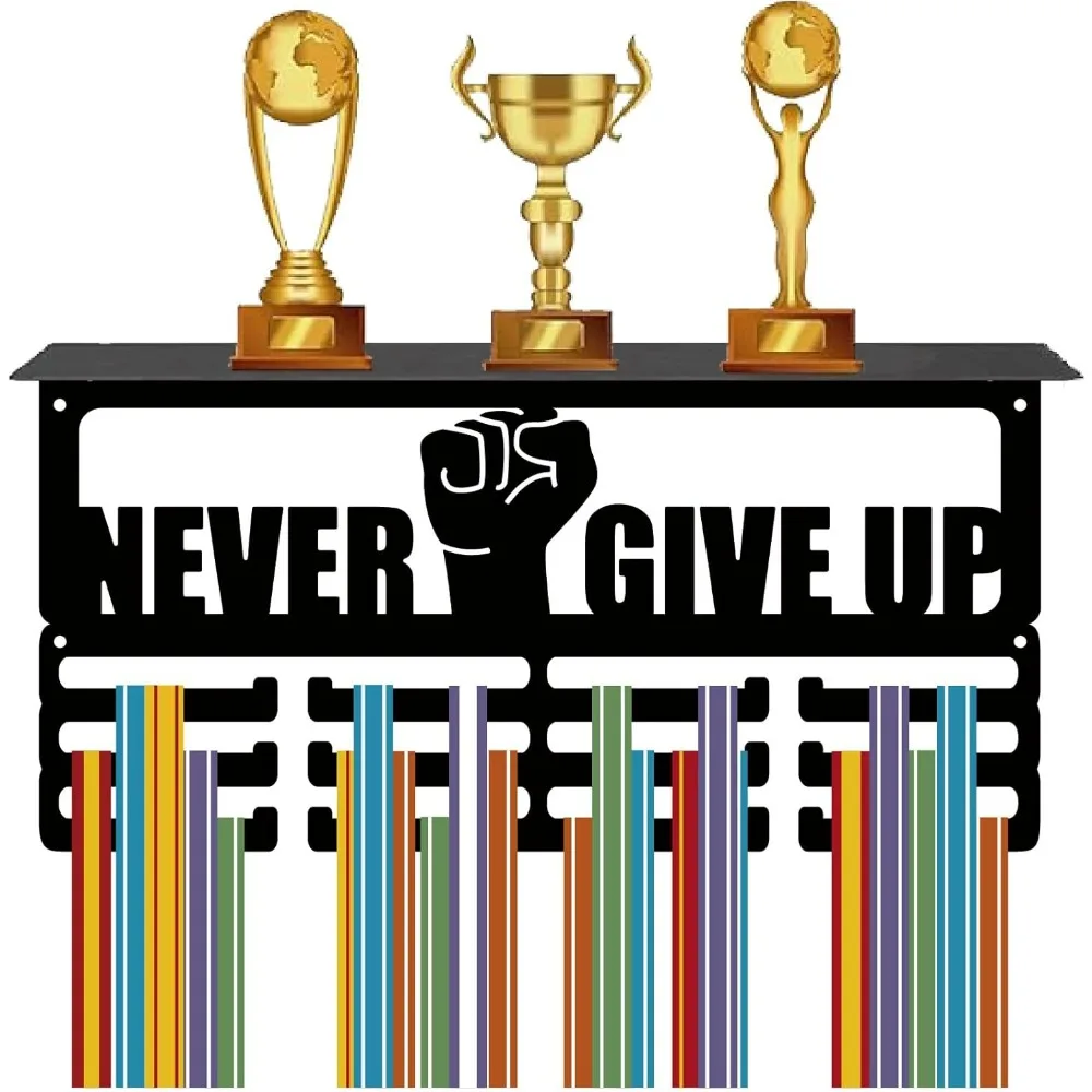 

Полка для демонстрации трофеев Never Give Up, стойка для спортивных медалей, 3-линейная настенная вешалка для медалей, крючки, настенное крепление, лента, значок, выставка