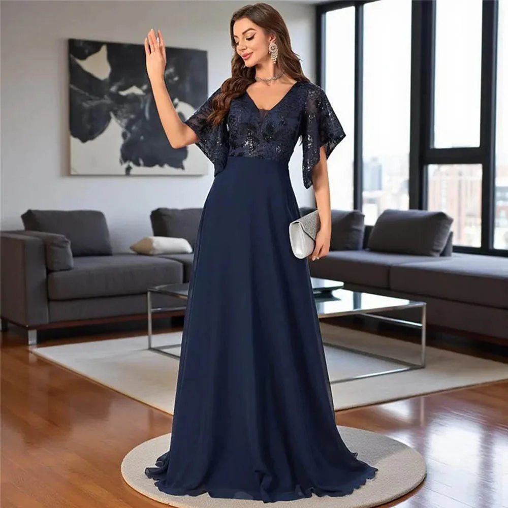 Customized Chiffon Flare Half Sleeves Mother of the Bride Dresses V-neck Lace Sequins Ruffles Women's Long Formal Evening Gowns