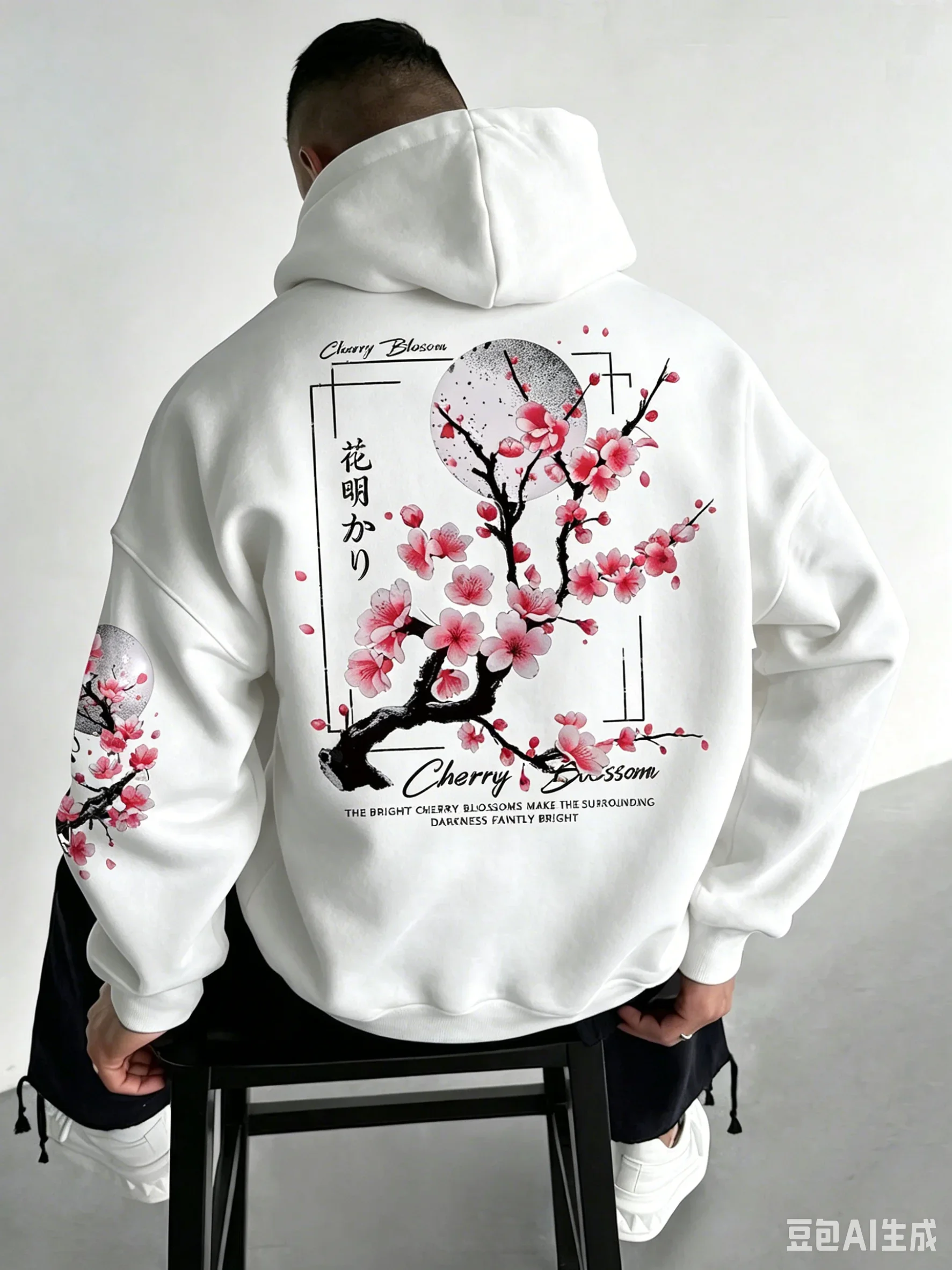 Herren Fleece-gefütterter Hoodie Herbst Winter Japanischer Kirschblüten-Druck Sweatshirt Locker Sitzender Streetwear Pullover Dicker Warmer Kapuzenpullover – Detail 2