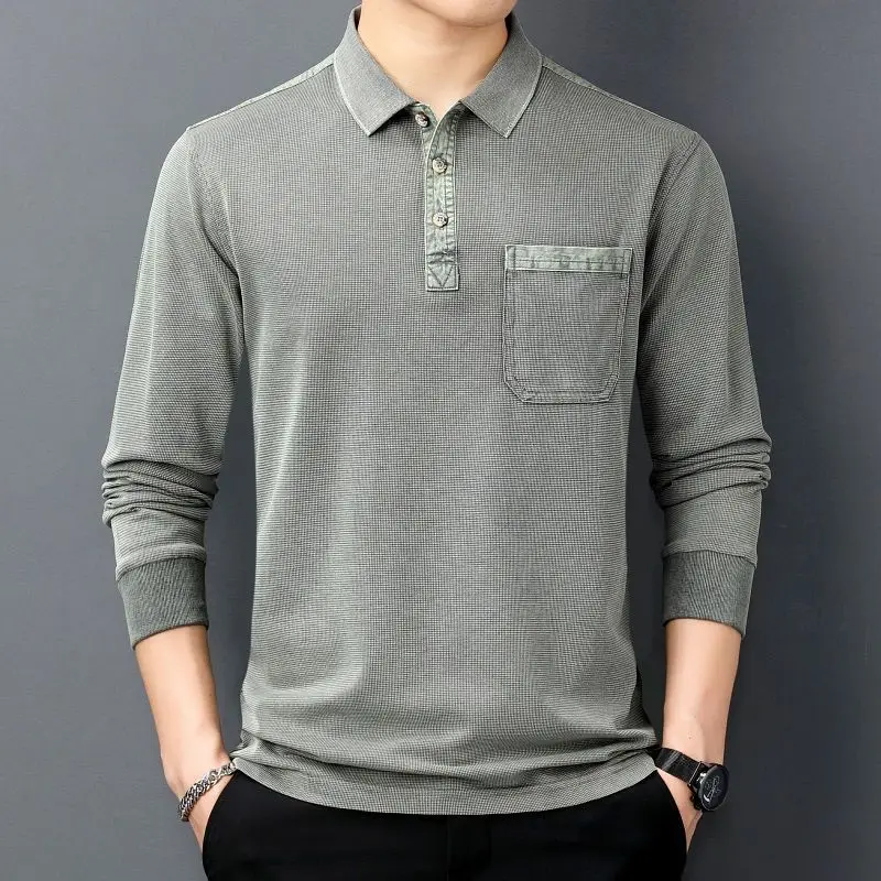 Business Casual Men Polo Shirts Spring Solid Lapel Button Pocket Streetwear Fashion Office Social Long Sleeve Tops JJ312