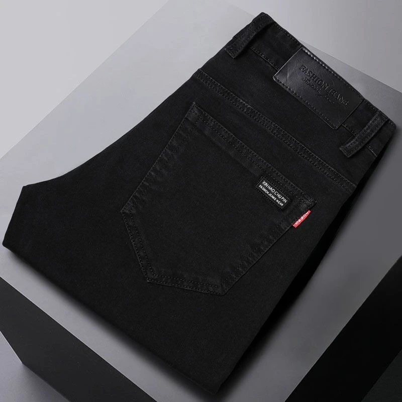 الرجال الجينز مرونة عادية مستقيم الساق الخريف الرجال بنطال ملاصق للجسم قابل للغسل تمتد الأعمال مريحة الأسود سراويل جينز #1