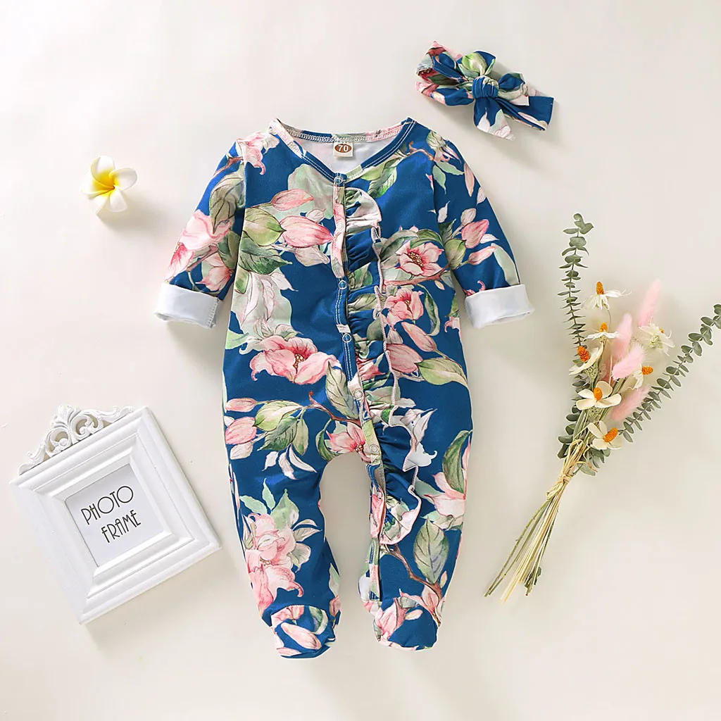 Newborn Baby Girl Romper 2020 New Spring Long Sleeve Romper Floral Print Jumpsuit Baby Girls Wrapped Foot Romper 0-24M