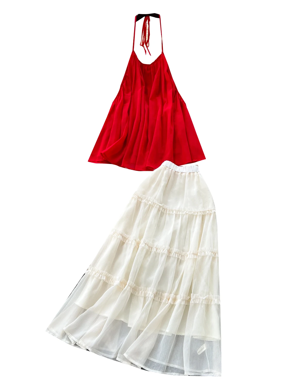 

Red Off-oulder Top And High-Waisted Me Skirt Set Women's Summer Vaion Loose Clothing round Ne ort Sve Outfit