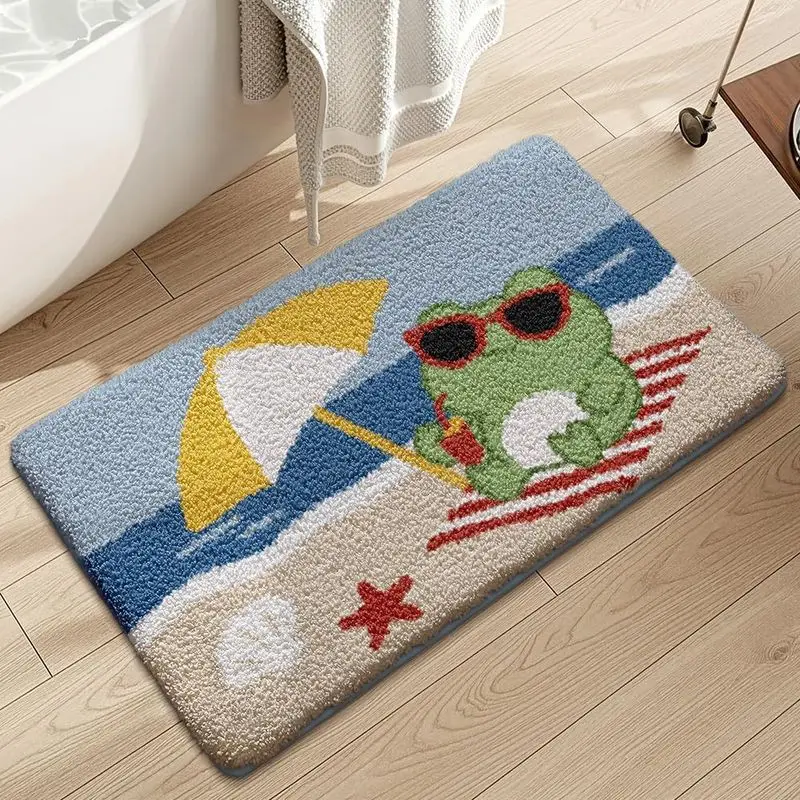 VIKAMA Cartoon Frog Area Rug Green Polka Dot Cute Non Slip Quick Dry Absorbent Bathroom Floor Carpet for Living Room Decor