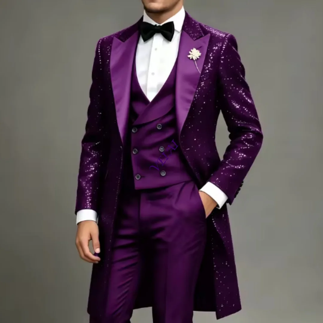 CustomizedClassic Navy Blue Men's Sequin Suits 3 Pieces Long Blazer Vest Pants Formal Party Classy Peaked Lapel Tuxedo Wedding G