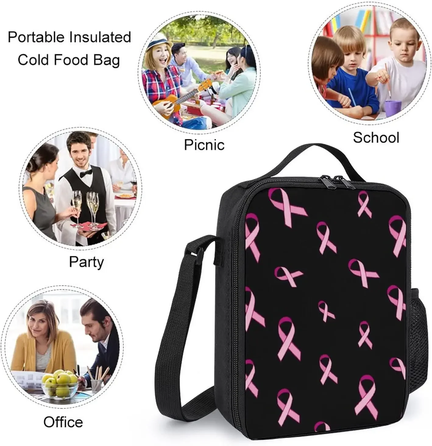 Bolsa de almuerzo con cinta rosa para concientización sobre el cáncer de mama, bolso enfriador aislado a prueba de fugas, caja Linda para el trabajo, Picnic, Camping con ajustable