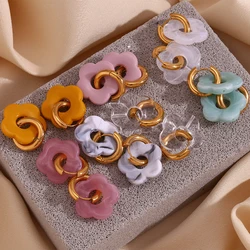 E.B.belle Hoops Colorful Resin Flower Drop Stainless Steel Earrings Woman Decoration Waterproof Jewellery Women Vacation Style