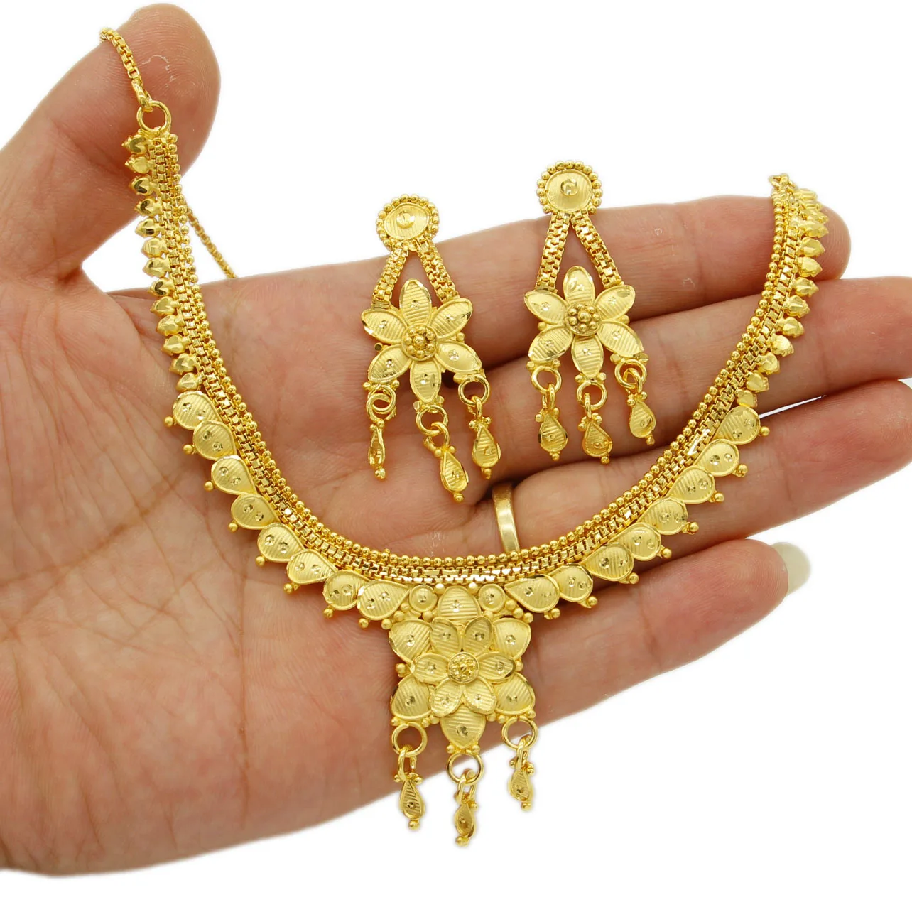 Adixyn Dubai Gold Plated Wedding Flowers earrings Necklace Bridal Jewelry Sets For Women Gifts