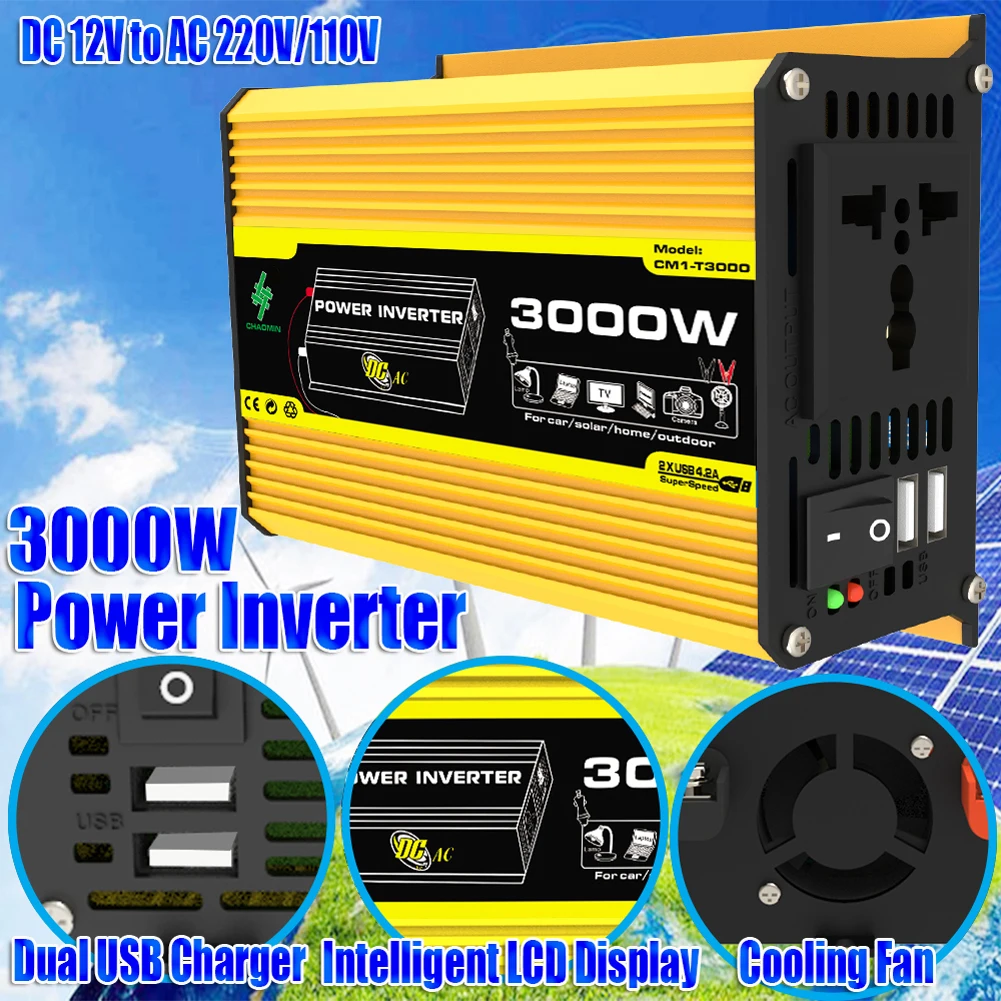 3000W DC 12V To AC 110/220V Car Inverter Dual USB Intelligent Power Inverter Built Fuse Car Voltage Transformer for RV Caravan