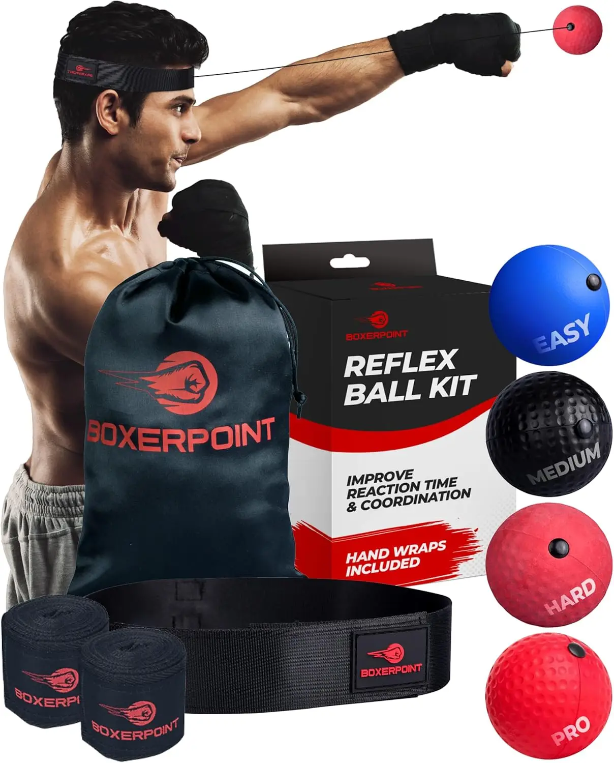 

Adjustable Boxing Reflex Ball Trainer with Headband and Hand Wraps for Adults and Kids - Improve Coordination