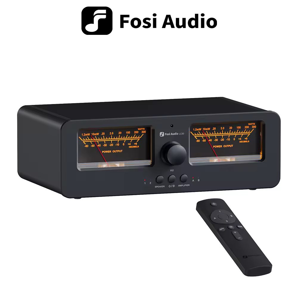 Fosi אודיו lc30 מגבר רמקול מתמיר 2-in-2 החוצה תיבת מקליף אודיו אנלוגי עם תצוגת לוח db עם שלט רחוק