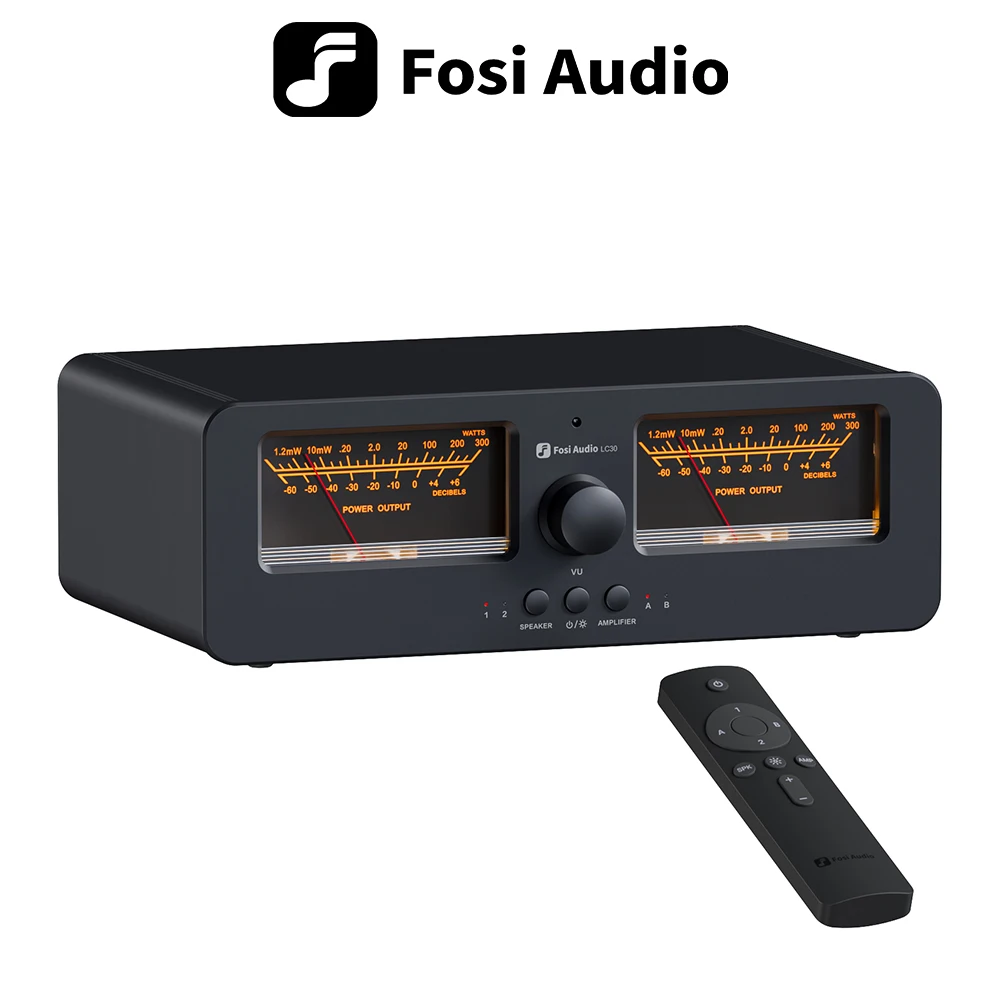 Fosi Audio LC30 Amplifier Speaker Switcher 2-in-2 Out Dual Analog VU Meter Audio Switcher Box z wyświetlaczem panelowym DB i pilotem zdalnego sterowania