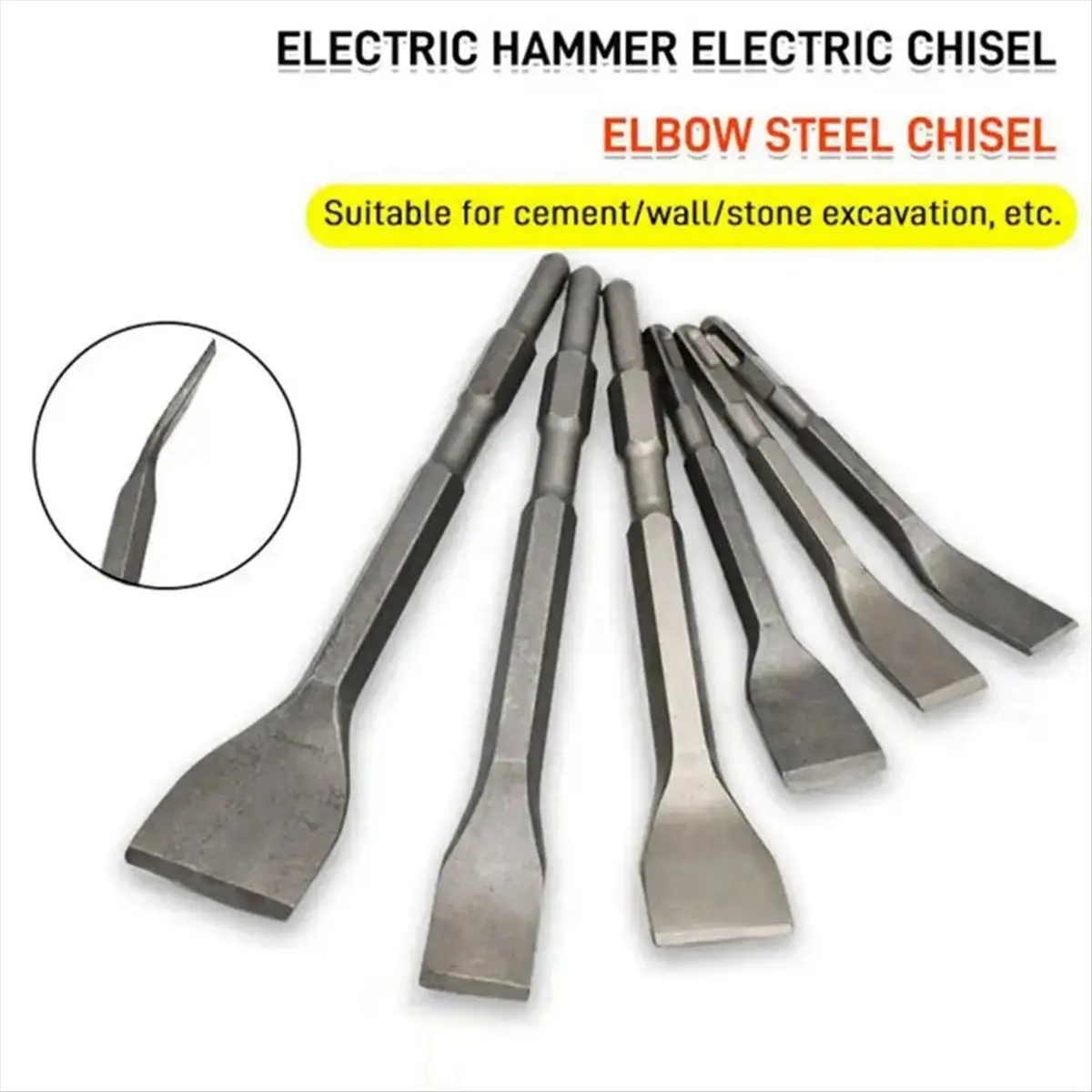 AA77 NEW  5PCS Hammer Pick Scraping Chisel Set Wall Slotting Masonry Concrete Drill Bit Tile Flat Point Chisels Round Handle