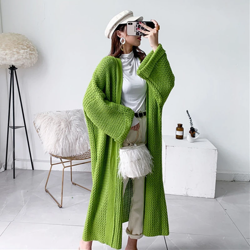 2024 Loose Long Coats Women Knitted Cardigan Over Knee Thick Thread Fat Large Sweater Jacket Autumn Winter Overcoat