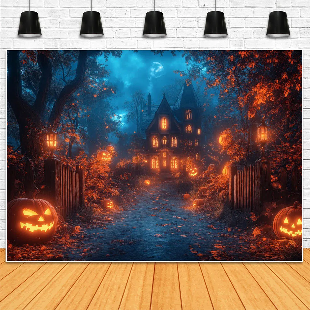 Mocsicka Tło fotograficzne Las Horror Zamek Drewniany Dom Zły Świecący Dynia Halloween Impreza Dekoracja Tło Rekwizyty