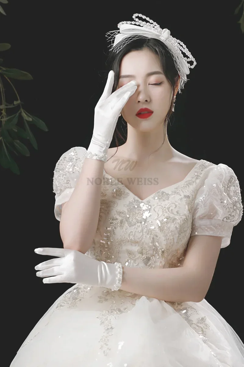 Elegant Women Wedding Bridal Short Gloves Full Finger Pearls  Wrist Length Costume Prom Party Gloves Customized