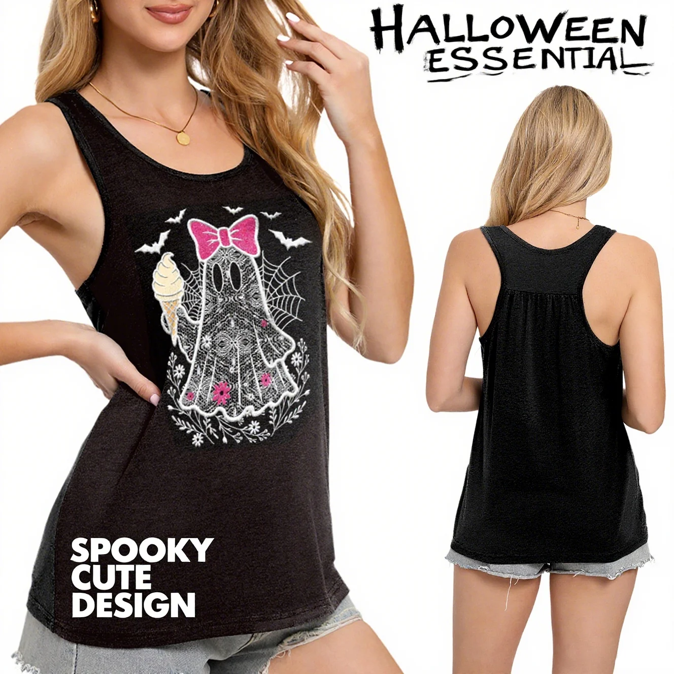 

Women Halloween Ghost Skull Print Vest Summer Girl Sexy Black Tank Tops Elastic Y2K Sleeveless Shirt Holiday Party Top Costumes