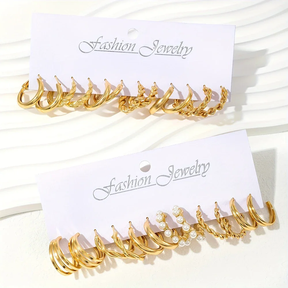 Boho Big Circle Hoop Earring Set for Women, Gold Color Bohemia Vintage Pearl Earring Heart Zircon Ear Studs Jewelry Gifts