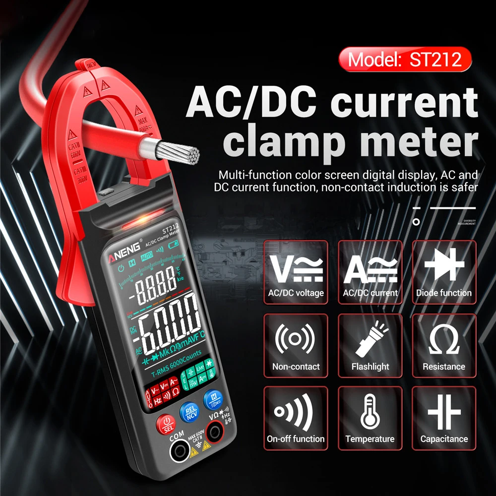 

ANENG ST212 Digital Clamp Meter 6000 Counts DC AC Current Multimeter Ammeter Voltage Tester Auto Ranging Car Amp Hz NCV Ohm Test