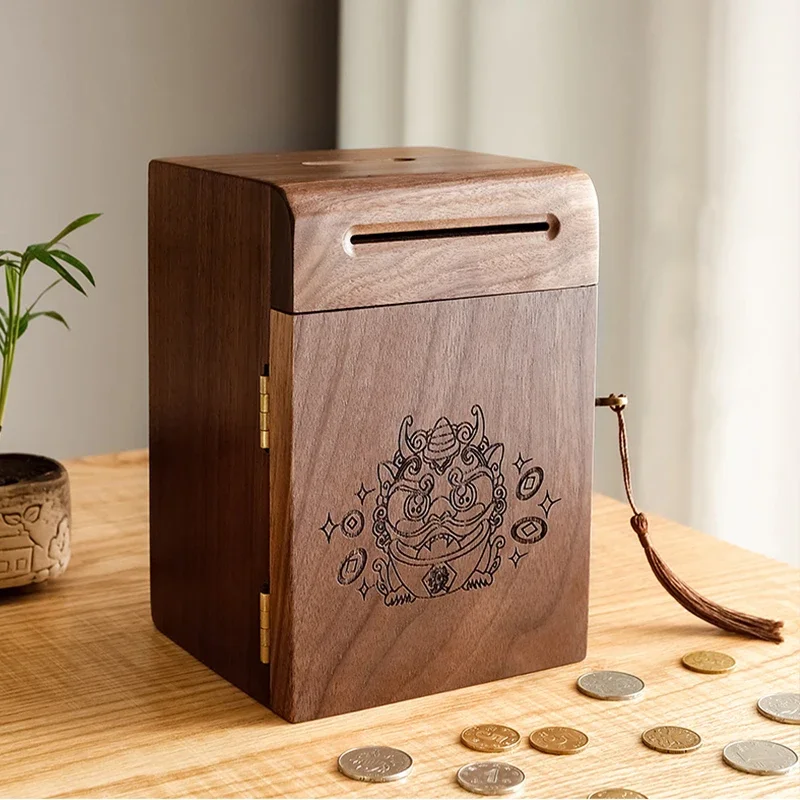 

Piggy Banks for Adults, Solid Wood Money Bank, Walnut Handmade Money Saving Box with Lock, Wooden Safe Coin Jar, Home Decoration