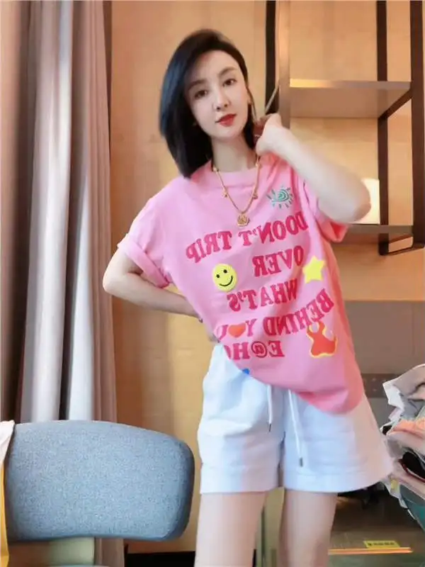 

Korean Design Sense Youthful Letter Print Loose Women's T-Shirt Shorts Two-Piece Set Summer Fashionable Casual Sportswear