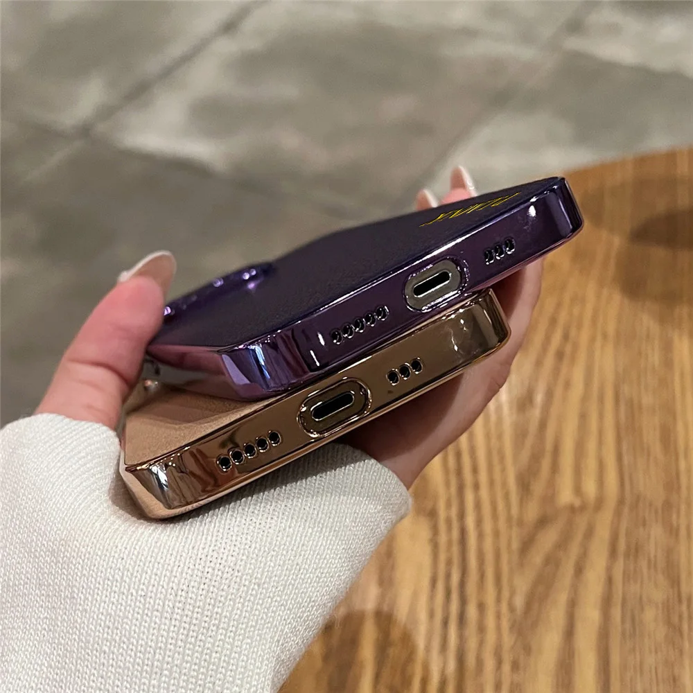 For iPhone 11 12 13 14 15 16 Pro Max Case Leather Plating Personalised Customized Name Initials Leather Cover 16 15 14 Pro Max