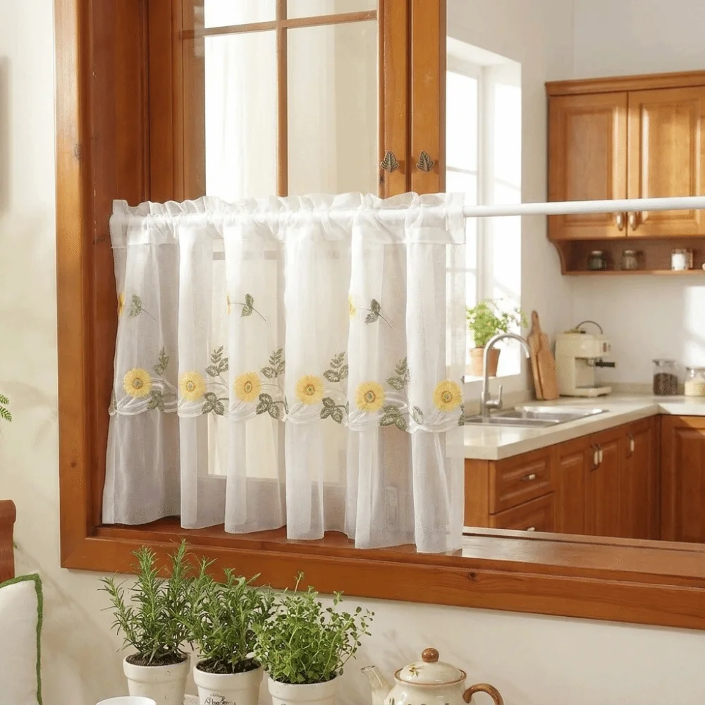Pastoral Style Floral Lace Curtains Lace Trim Dust-Proof Embroidered Curtains Light Blocking Sheer Voile Cafe Curtains Kitchen