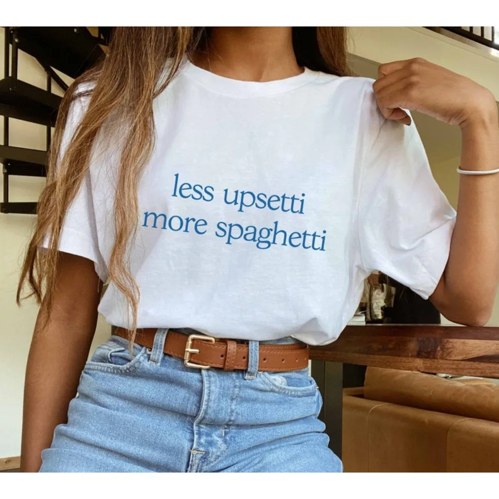 2024 Less Upsetti Graphic TShirt More Spaghetti Unisex Summer 100% Cotton Tee Funny Pasta Quote Shirt Pinterest Aesthetic Tops