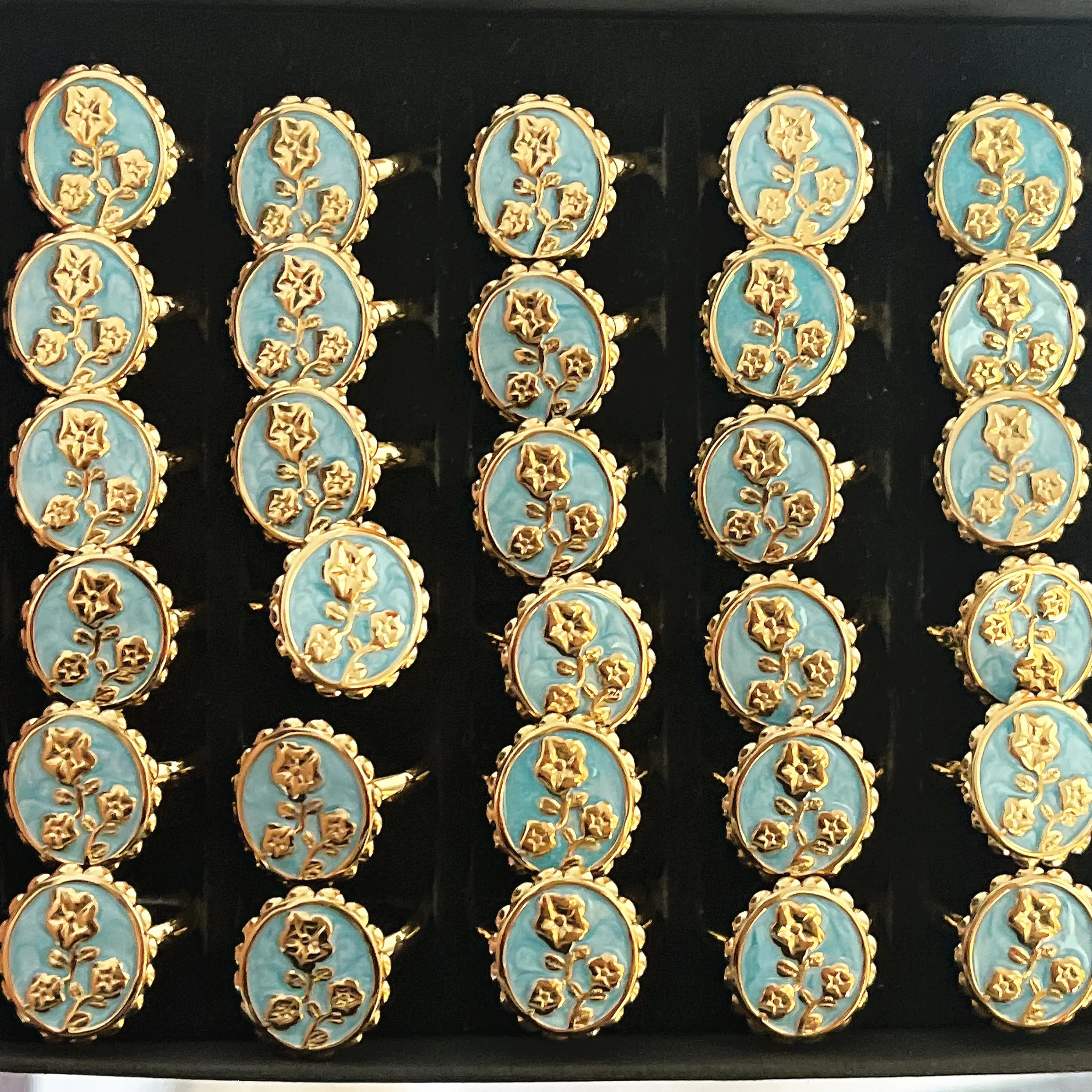 25 قطعة/الوحدة الرجعية البيضاوي الأزرق النفط بالتنقيط الفولاذ المقاوم للصدأ حلقة مفتوحة للنساء-نغمتين النفط روز المحكمة نمط مجوهرات اكسسوارات #1