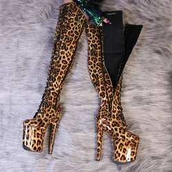 IDEAL MA 20cm catwalk leopard print patent leather over-the-knee nightclub pole dancing boots