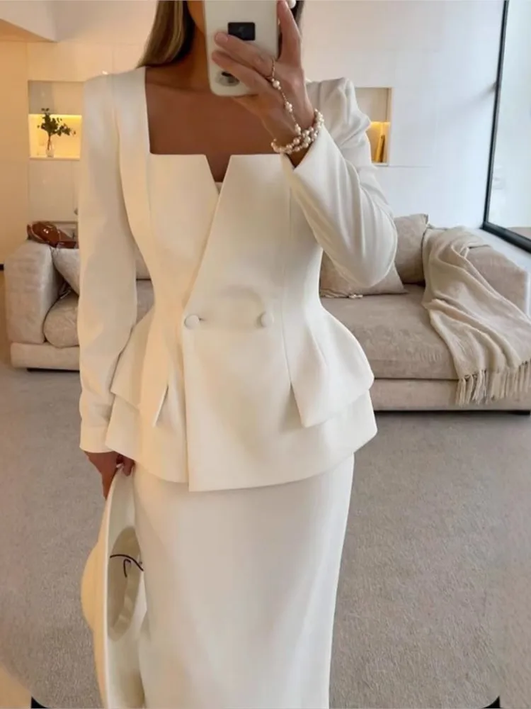 Autumn Long-sleeved Commuting Top Slim Dress Two-piece Set Women's Casual Party Simple Solid Color British Style Dress Set