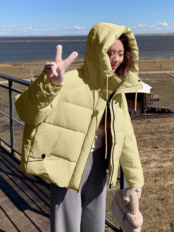 핑크 후드 오트 다운 재킷 여성용 겨울 2025 신상 소형 사이즈 안티에이징 한국 슬림핏 부피감 없는 아우터웨어