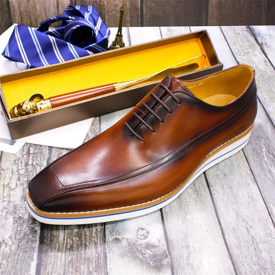 Handmade Men's Casual Leather Shoes Fashion Comfortable Flat Lightweight Lace-Up Dress Shoes for Travel Dating Banquet
