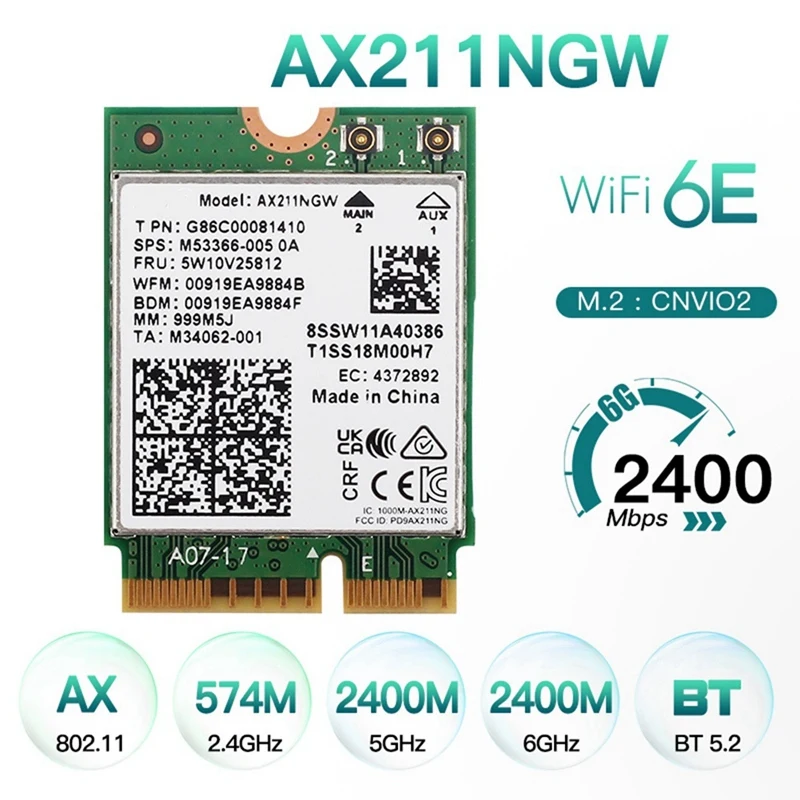 Сетевая карта AX211NGW + двойная антенна Wifi 6E M.2 Key E Cnvio2 2,4 ГГц/5 ГГц 802.11Ac Bluetooth 5,2 адаптер