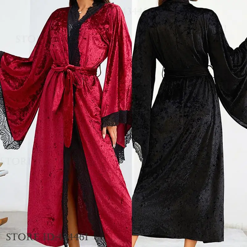 

New Velvet Long Robe Women Sleepwear Home Dress Sexy Lace Trim Kimono Gown Bathrobe Night Wear Loose Velour Loungewear Negligee