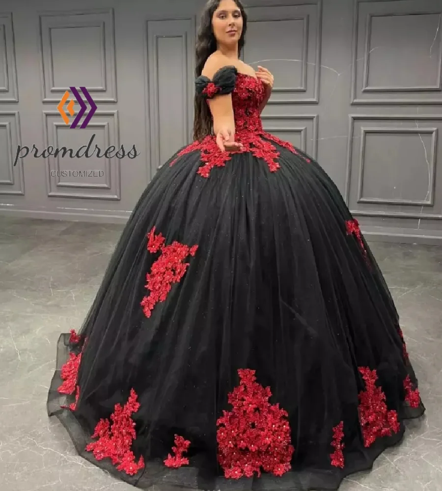 Традиционное мексиканское черно-красное платье Quinceanera с короткими рукавами и цветами в готическом стиле Vestidos De 15 Años на шнуровке Sweet 16, по индивидуальному заказу