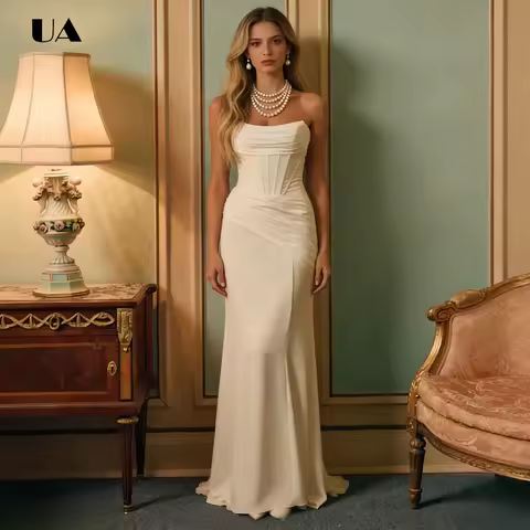 ULBYANRY Elegant Satin Mermaid Strapless Bustier Party Dress Customized Sleeveless Lace-up Evening Dress, Simple Solid Prom Gown