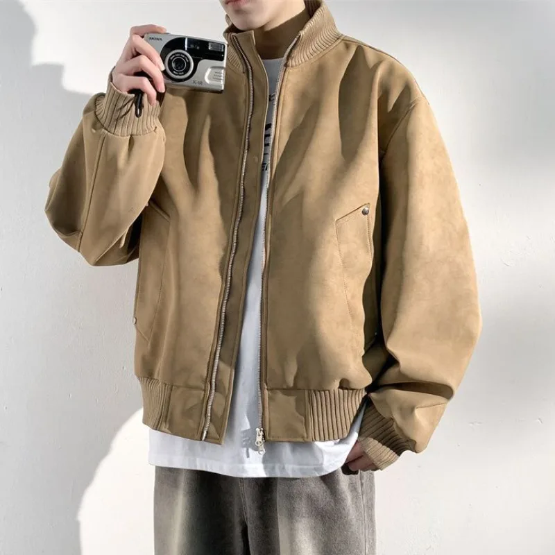 

Весенне-осенние минималистичные ретро-пальто для мужчин, модная куртка с воротником-стойкой в американском стиле, черная повседневная куртка на молнии из искусственной кожи