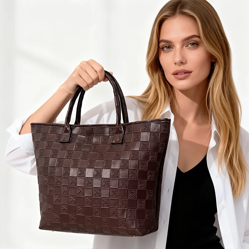 

Light Luxury Deep Brown Quilted Pattern Women's Tote Bag, Large Capacity Women's Vintage Woven Style Commuter Handbag