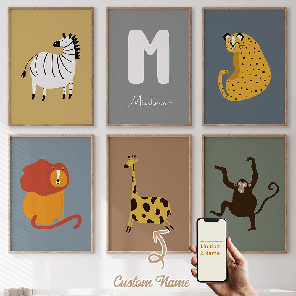 3 قطعة/6 قطعة اسم مخصص شخصي لطيف الكرتون الحيوان جدار الفن طباعة صورة لغرفة المعيشة الاطفال الصبي غرفة ديكور المنزل هدية #4