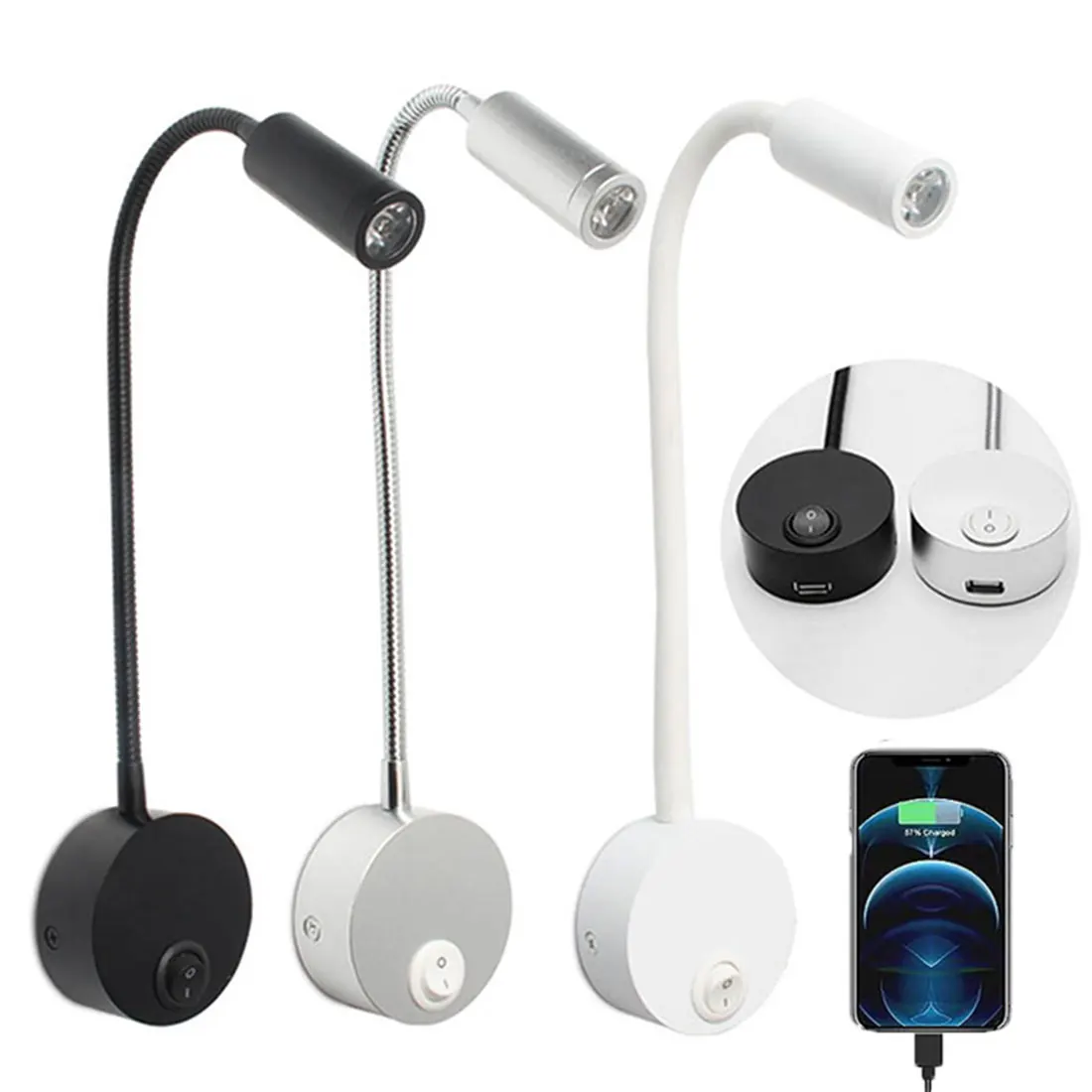 Porta di ricarica USB nero argento bianco led luce di lettura 3000K 4000K 6000K 3W LED USB lampada da parete a collo d\'oca per comodino casa