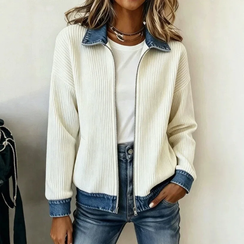 Women Jackets Denim Spliced Zipper Lapel Jacket Patchwork Casual Long Sleeve Knit Coat Cardigan Streetwear Y2k Autumn Winter