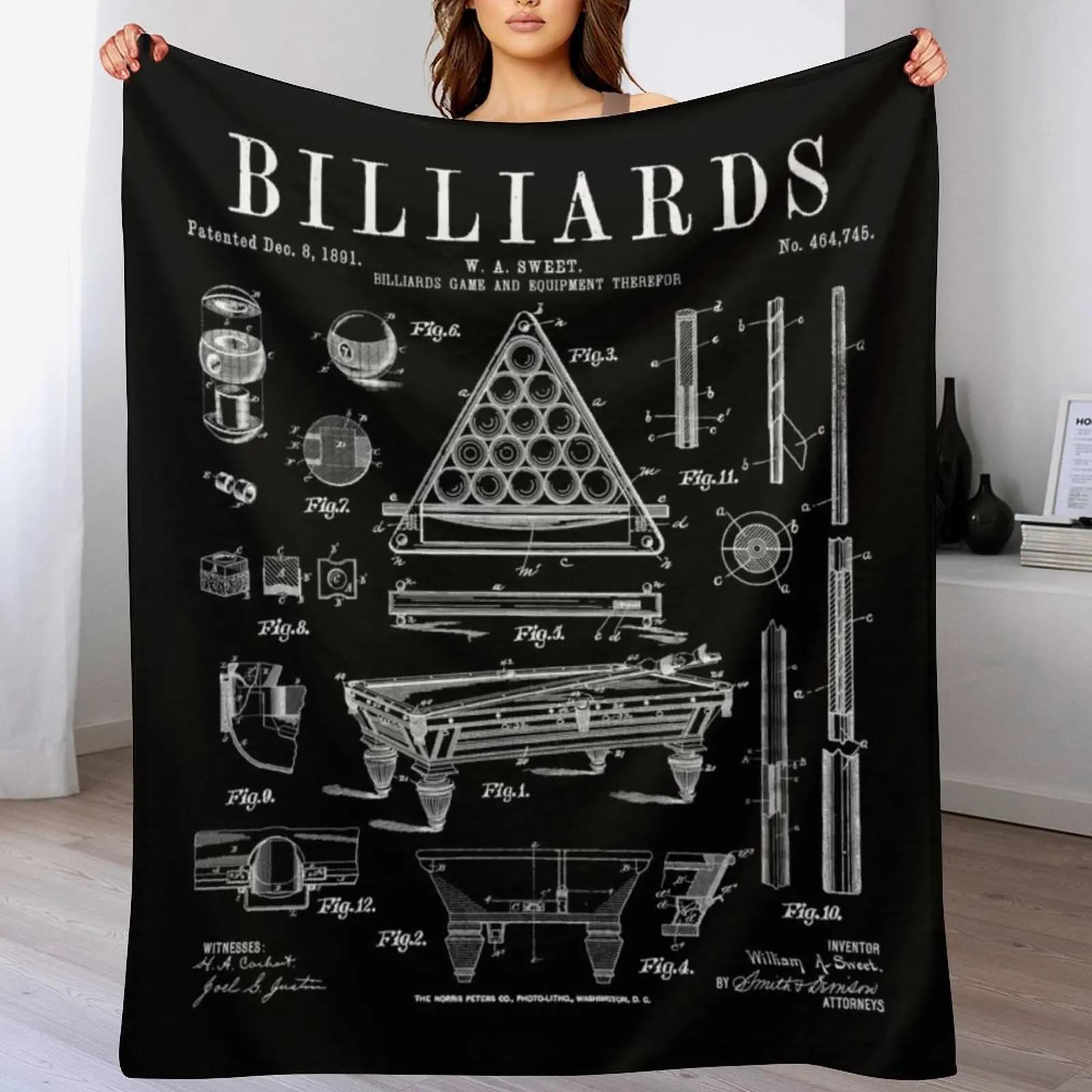 

Billiards Table Pool Cue Ball Vintage Patent Drawing Print Throw Blanket