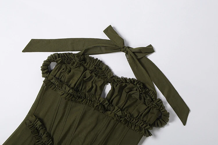 Weird Puss Rüschenrand-Patchwork-Kleid für Damen, elegant, mit schrägem Ausschnitt, Bandagen, rückenfrei, ärmellos, für Urlaub, Party, Mode, figurbetont – Detail 6