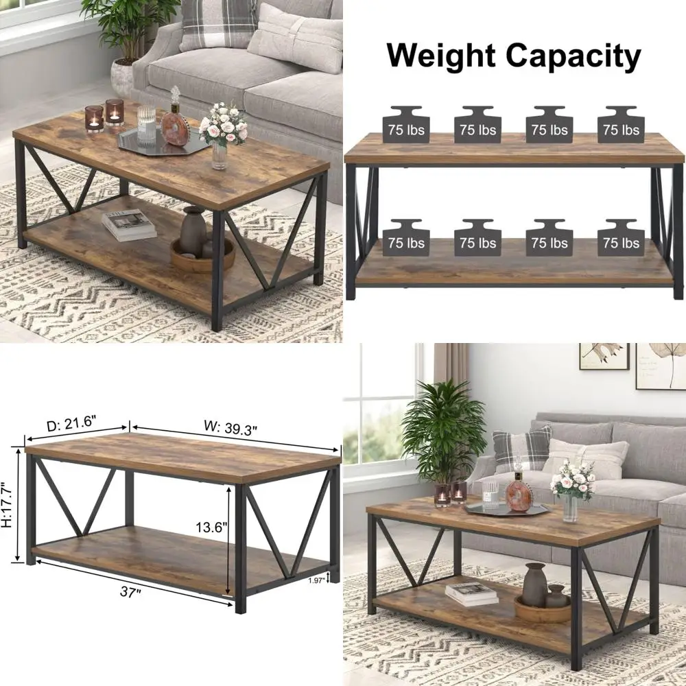 

Industrial Style Metal and Wood Coffee Table with Storage Shelf, Rustic Brown Finish for Living Room