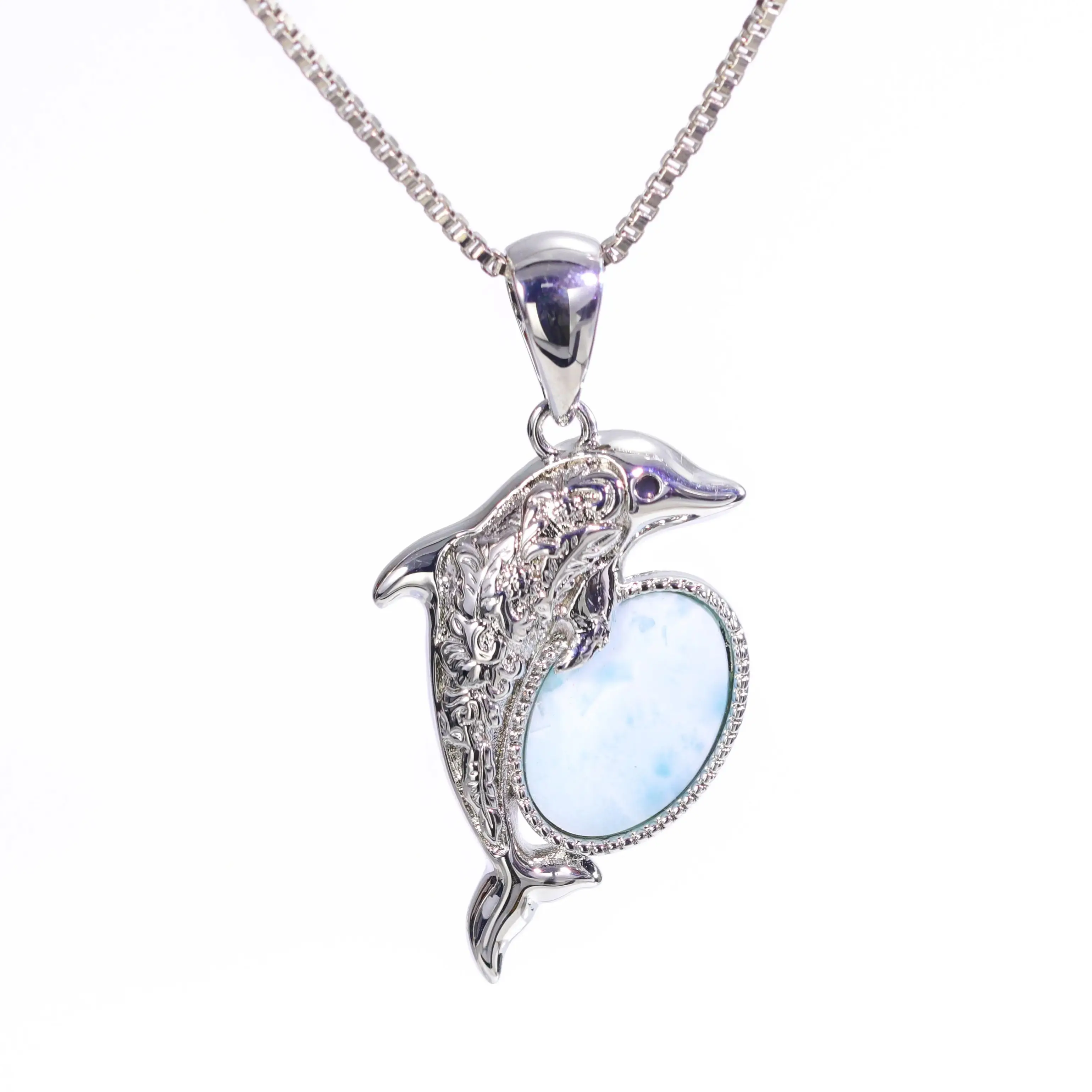 

Dolphin Larimar Pendant Necklace for Women, Silver Jewelry Gift with Zircon, Trendy 2025 Fashion Accessories, Elegant Collar
