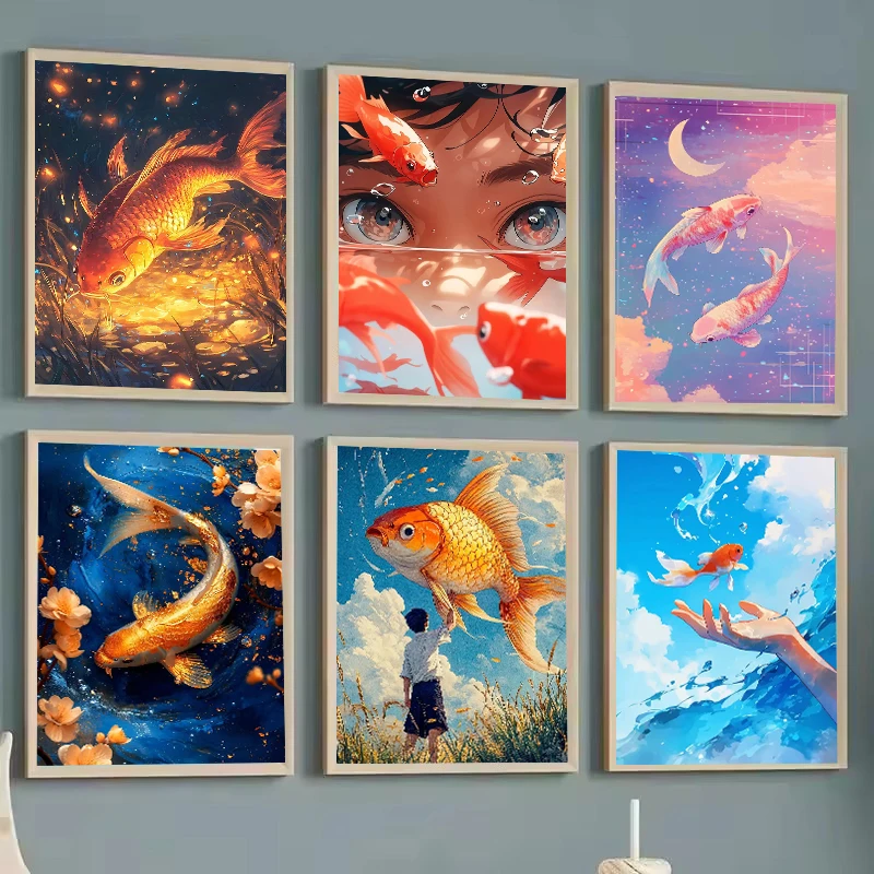 Klassische surreale goldene Koi-Fisch-Poster, Fische, Schwimmen, Anime-Kunstdrucke, Leinwandgemälde, Wandbilder, Heim- und Wohnzimmerdekoration