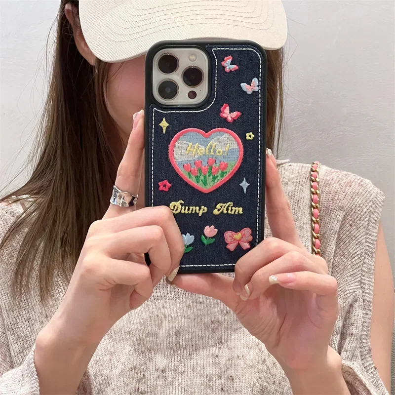 Denim Embroidered Love Flower Phone Case for All Models  Huawei OPPO Xiaomi Vivo Samsung