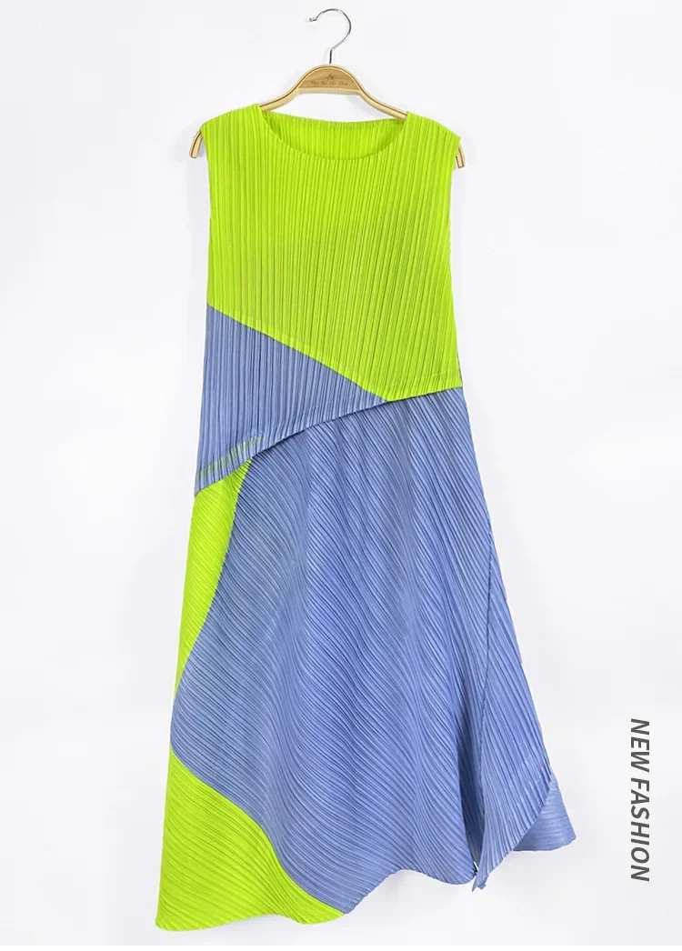 ALSEY Miyake-vestido plisado sin mangas con cuello redondo, novedad de verano, Color de colisión, cintura alta, empalme, vestido largo suelto Irregular para mujer